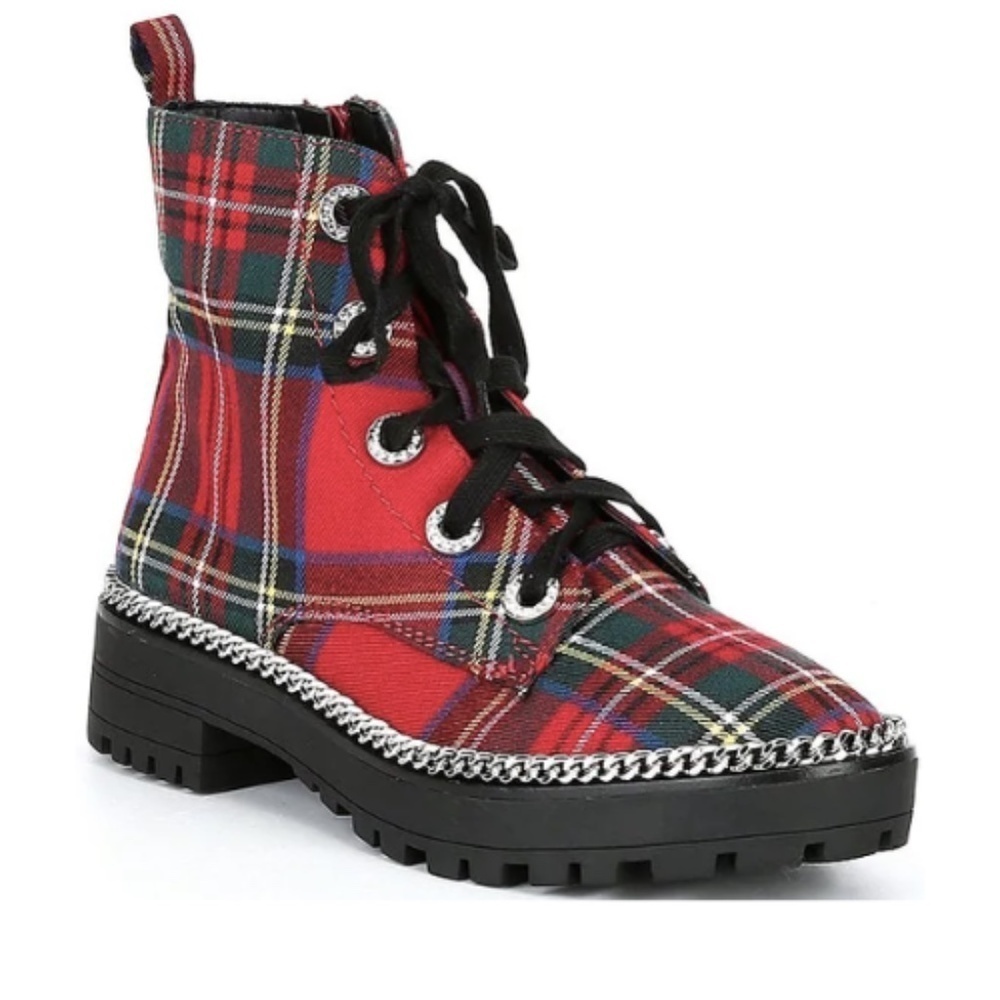 Gianni Bini Lyone Plaid Chain Detail Combat Booties Sz. 5.5